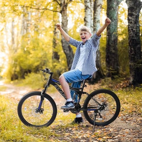 Ecarpat 24/26/27.5 Inch Mountain Bike, Full/Front Suspension Mens Boys Mountain Bike with 21 Speed Steel Frame and Dual Disc Brakes, Adult Sport Bicycle for Trail City Road, Gift Choice