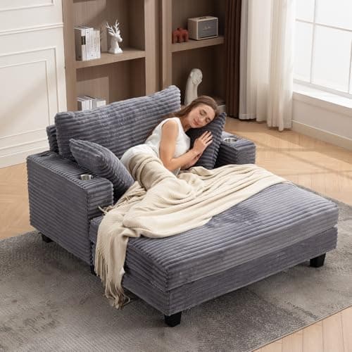 60'' Oversized Chaise Lounge Chair Indoor, Corduroy Upholstered Lounge Sofa with Wood Frame, Comfy Lounge Chaise with Pillows and Cup Holder, Deep Seat Lounge Chair for Living Room Bedroom