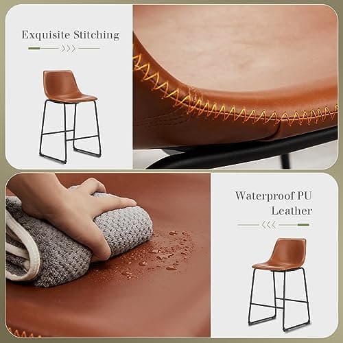 DUMOS 26 Inch Counter Height Bar Stools Set of 4, Modern Faux Leather High Barstools with Back and Metal Leg, Upholstered Bar Chairs for Kitchen Island, Brown