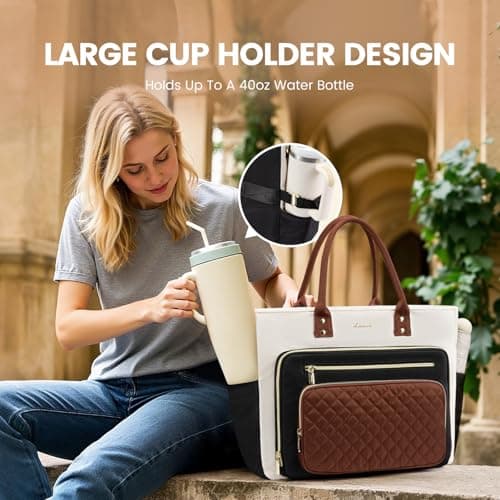 LOVEVOOK Teacher Tote Bag for Women Work, Laptop Bag With Large Cup Holder, Nurse Bags Professional Briefcase Business Computer Purses Bible Handbag Gifts, Black-Beige-Brown, 15.6 Inch B0DTDWKCCF