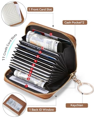 BOSTANTEN Credit Card Holder Wallet RFID Blocking Leather Small Wallet for Women Zipper Keychain Wallet with Wristlet Beige＆Brown