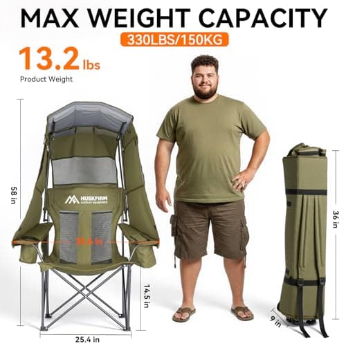 Huskfirm Camping Chair with Canopy Shade - Folding Beach Chair with UPF 50+ Sun Shade, Cup Holder, Side Pocket, Portable Sports Chair for Adults Support 330 LBS, Fishing Camp Outdoor Lawn Chair Green