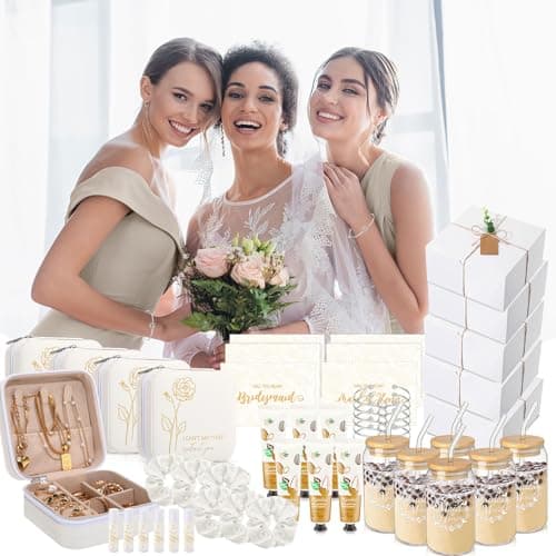 Set of 6, includes jewelry boxes, glass cups, scrunchies, knot bracelets, hand cream, lip balm and proposal cards Teenyyou 60 Pcs Bridesmaid Proposal Gift Box Set for Wedding Party,White B0FBWY1R2J