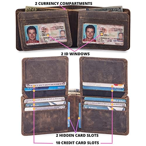 Cochoa Mens Wallet Real Leather Bifold RFID Blocking High Capacity Card Case with 2 ID Window in Gift Box (Crazy Horse, Moss)