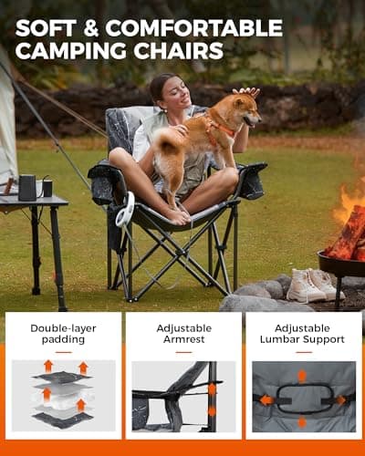 KingCamp Oversized Camping Chair with Adjustable Lumbar Support, 550lbs Heavy Duty Padded Folding Lawn Chair for Adults, Outdoor Armchair with Cooler Bag, Cup Holder & Side Pocket for Fishing, Travel