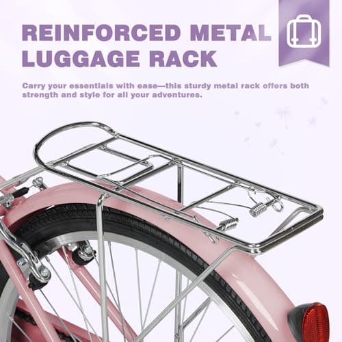 Beach Cruiser Bike for Adult, 24 & 26 Inch Comfort Bikes with Rattan Front Basket, Womens Bicycle with Adjustable Seat and Dual V-Brake (Pink & White & Green & Purple & Black)