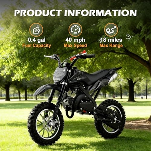 50cc Kids Dirt Bike, 2-Stroke Gas Powered Mini Motorcycle Up to 40MPH, Off-Road Dirt Bike for Kids 8-14 with Front Rear Disc Brakes, Double Shock Absorption (Black)