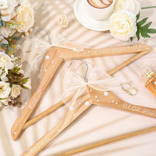 5 Pcs Wedding Bridesmaid Hanger Personalized Name Hanger Natural Wood Hangers with Ribbon Bows Pearls Stickers Transfer Sticker Gifts for Bridal Shower Party Favors DIY Crafts Supplies