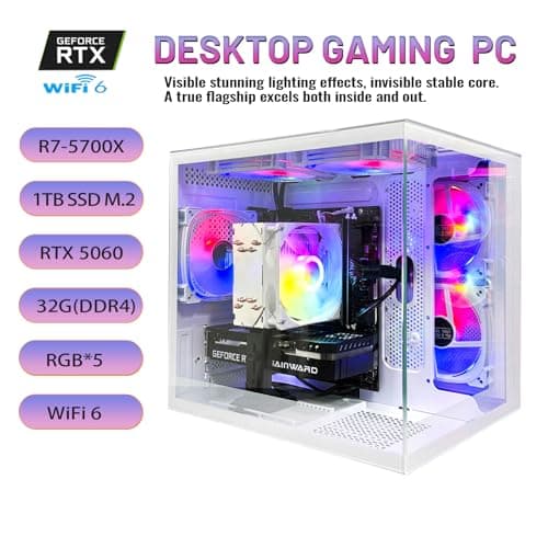 suevery High End Desktop Computer | Ryzen 7 5700X + RTX 5060 8G | 32GB DDR4 + 1TB SSD | WIFI6| Streaming Office VR Home Video 5K Editing Gaming PC
