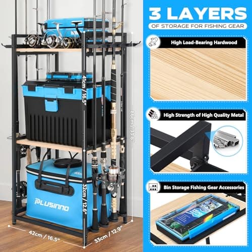 PLUSINNO 3 Tier Fishing Rod Holder, Fishing Pole Holders for Garage, Fishing Rod Rack Fishing Rod Storage Up to 8 Rods, Fishing Gear Tackle Box Fishing Equipment Organizers, Fishing Gifts for Men