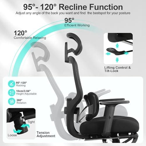 Ergonomic Office Chair with Footrest, Mesh Desk Chair with Adjustable Headrest & Armrests & Dynamic Floating Wing Lumbar Support, High Back Computer Chair for Home Office, BIFMA Certified, Black