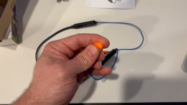 HomeSpot Noise Reduction Wireless Neckband Headphones with Qualcomm aptX HD, 27dB NRR, CVC Noise Cancelling Mic & Controls and 20H Playtime for Work Safety OSHA Compliant - Blue Wire Orange Earbuds