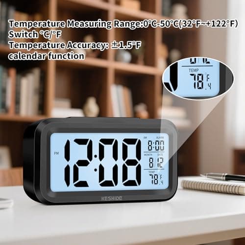 KESHIDE Digital Alarm Clock Battery Operated with Indoor Temperature, Desk Small Clock,Snooze Model,12/24H Display for Bedrooms Heavy Sleepers Kids Travel Bathroom (Black)
