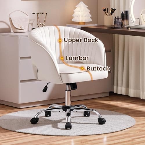 Yaheetech Cute Desk Chair Velvet Vanity Chair with Wheels Home Office Upholstered Modern Swivel Armchair with Tufted Barrel Back for Study, Vanity, Bedroom Cream