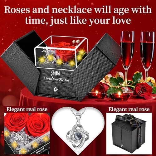 2 Preserved Rose Gift for Women - Eternal Rose with I Love You Necklace - Romantic Birthday Gifts for Girlfriend Mom Her Wife Grandma on Valentines Mothers Day Anniversary Christmas-Red