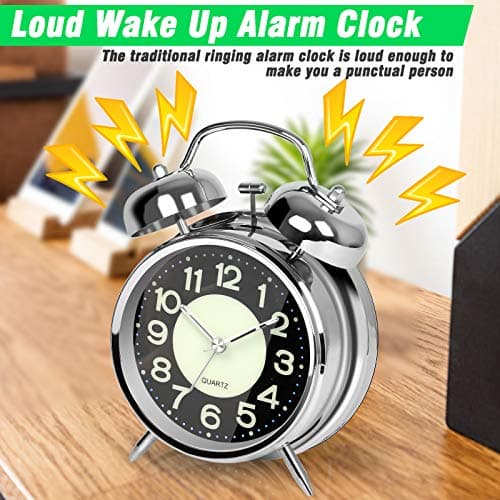 AYRELY® Super Loud Alarm Clock for Heavy Sleepers Adults,Twin Bell Retro 4 Inch Silent Non-Ticking Quartz with Backlight, Luminous dial, Alarm Clocks for Bedrooms Bedside (Silver)