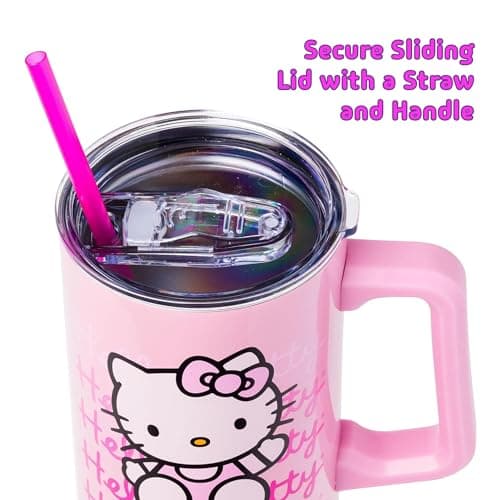 Silver Buffalo Sanrio Hello Kitty Waving Stainless Steel Tumbler with Handle and Straw, Fits in Standard Cup Holder, 40 Ounces