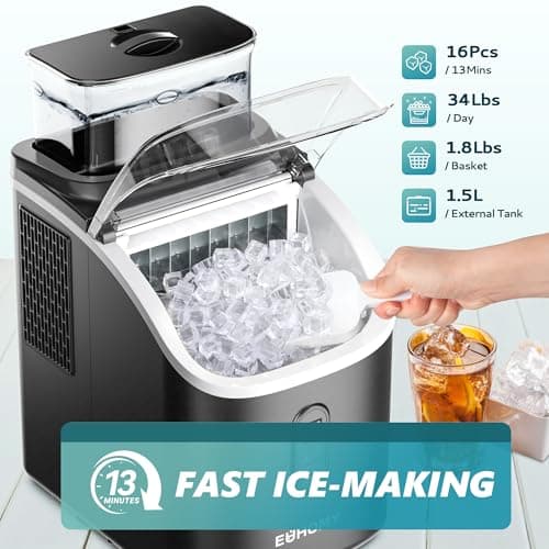 EUHOMY Ice Cube Maker Machine Countertop with External Water Tank, 2 Ways to Add Water, 34Lbs/Day, 16Pcs Ready in 7 Mins, Auto-Cleaning, with Ice Scoop & Basket, for Home/Kitchen/Office/Bar (Black)