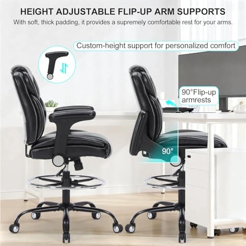 Drafting Chair, Tall Office Chair with Adjustable Armrests Mid-Back Standing Desk Chair with Footrest Ring, PU Leather High Executive Desk Chair Counter Height Office Chair for Home and Office, Black