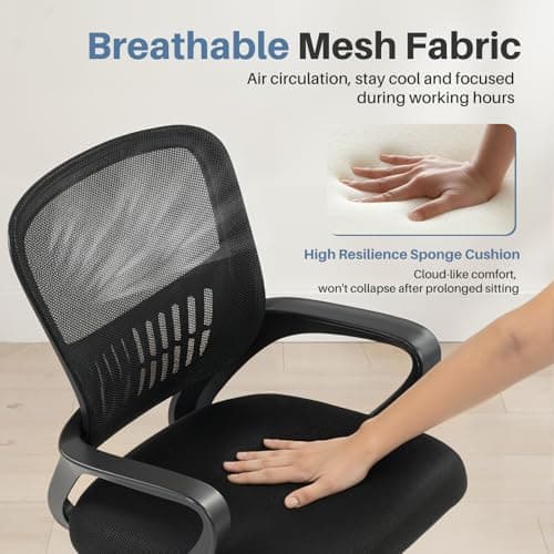 DUMOS Home Office Computer Chair - Ergonomic Mid Back Desk with Lumbar Support and Rocking Mode, Height Adjustable with Fixed Armrest, for Conference Meeting Room, 360° Swivel, Adults, Black