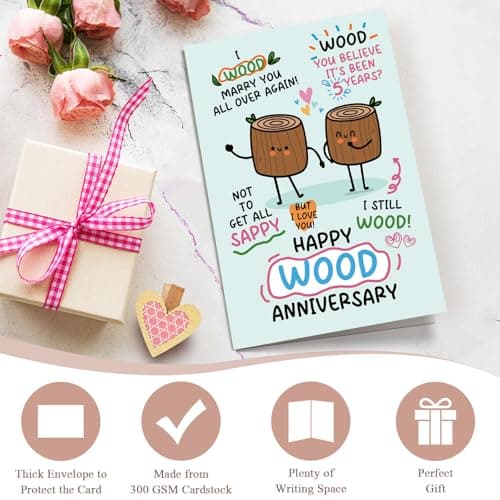 Funny 5th Anniversary Card for Him Her, Pun Wood Anniversary Card for Husband Wife, 5 Years Married Cards Gift