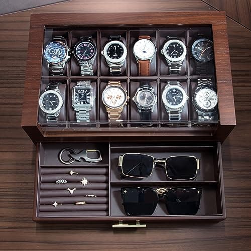 KAMIER High End Watch Box for Men, 12 Slot Wooden Watch Case With Drawer, Watch Display Box with Glass Lid, 2-Layer Watch Holder for Jewelry and Watch Storage for Men Women , Ideal for Gift (With Gift Box)