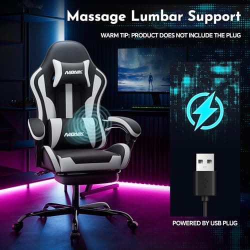 Gaming Chair, Ergonomic Computer Chair with Footrest and Lumbar Support, Height Adjustable Game Chair with 360°-Swivel Seat and Headrest and for Office or Gaming Blackwhite