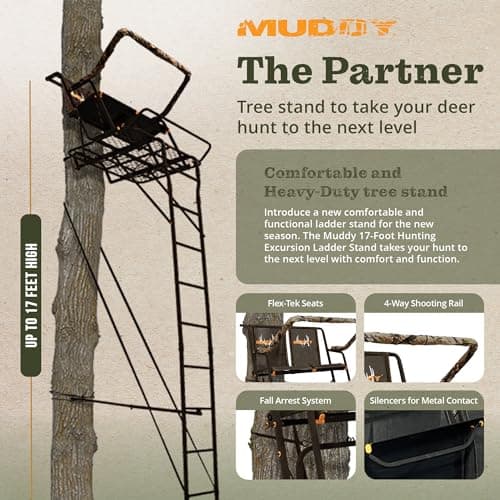 Muddy 2-Person Ladder Tree Stand for Deer Hunting, The Partner, 17' Tall, Black - Adjustable Climbing Treestand with Platform, Straps and Safety Harness for Shooting