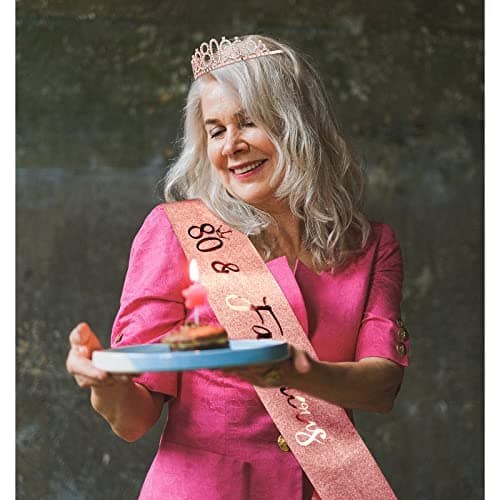 CIEHER 80th Birthday Crown + Sash + Pearl Pin Set, Elegant Gift for Women's 80th Birthday Party Decorations