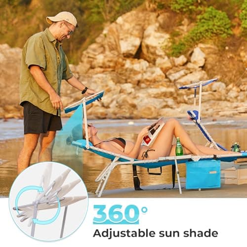 #WEJO 4-in-1 Tanning Chair with Face Hole and Side Table - 5-Position Face Down Folding Chaise Lounge with Canopy Shade & Cup Holder - Portable Heavy Duty Tanning Bed for Beach, Pool, Patio (Khaki)