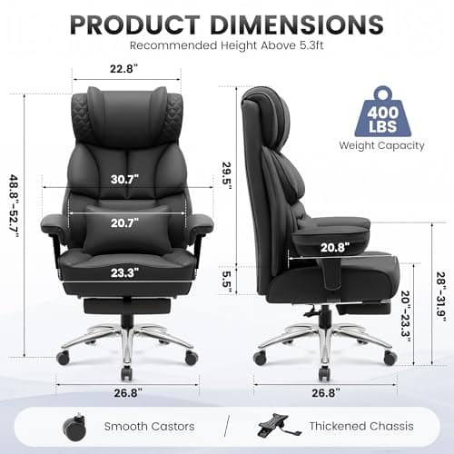BestGlory Office Desk Chair, Big and Tall Leather Gaming Chair with Footrest, Wide Ergonomic Comfy Executive High-Back Reclining Computer Chairs, Swivel Rolling Wheels and Padded Lumbar Support, Black