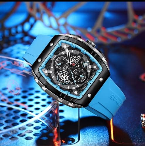 PASOY Luxury Chronograph Watches for Mens Rubber Strap Black Waterproof Date Analog Quartz Watch