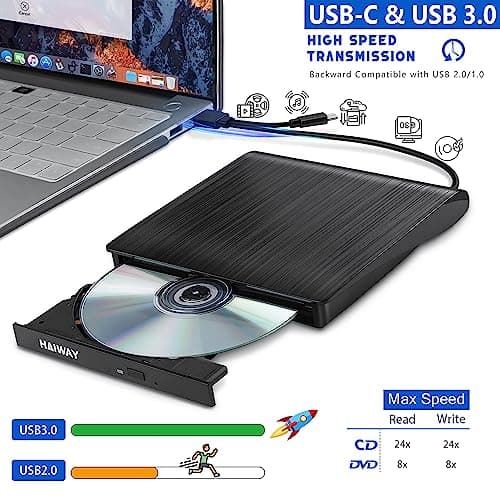 Haiway External DVD Drive, USB 3.0 Type-C CD Burner Portable CD DVD +/-RW Optical Drive Slim CD DVD ROM Rewriter CD/DVD Player Writer Reader for Laptop Desktop MacBook PC Windows Linux Mac OS (Black)
