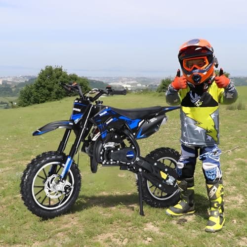 50CC Dirt Bike, 2-Stroke Kids Dirt Bike with 10-Inch Off-Rode Tire, Mini Bike with Front and Rear Disc Brake, Up to 25 Mph, Mini Bikes for Kids 8-14 Weight Support Up to 330 LBS Blue