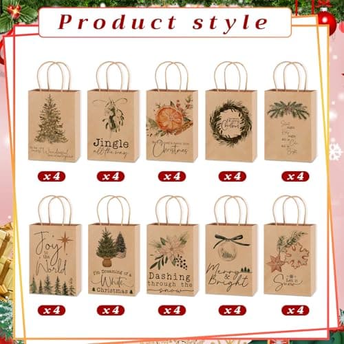 Vintage Christmas Gift Bags, Small Paper Gifts Bags for Xmas Stuffer Candy Party Present Wrapping, 8.27 x 5.91 x 3.15 Inches Tenceur 40 Pcs Christmas Gift Bag Bulk with Handle Reusable Kraft Brown Bag B0FP22D55T