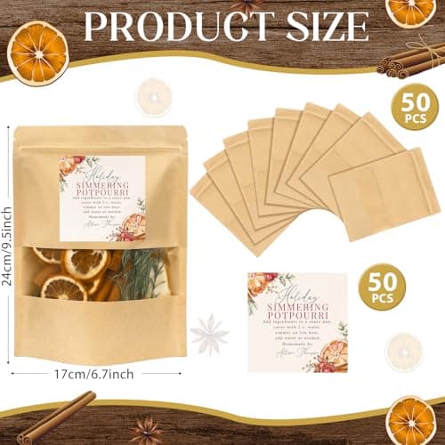 Stand up Simmer Pot Potpourri Pouches Instruction Sticker Clear Window Craft Fragrance for Party Holiday DIY Simmering Gift 100 Pcs 50 Set Christmas Potpourri Bags Simmer Pot Kraft Paper Bag B0FGJWV8BJ