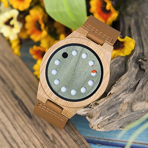 BOBO BIRD Men's Bamboo Wooden Watch with Black Cowhide Leather Strap 12 Holes Timer Design Sports Casual Watches