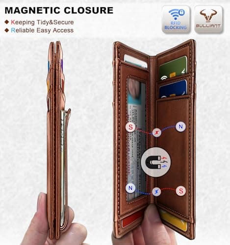 BULLIANT Magnetic Closure Slim Wallet-Genuine Leather Front Pocket Wallet for Men,RFID Blocking,Holds 12 Cards and Money Clip