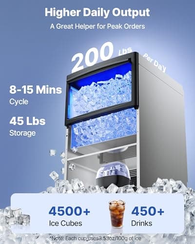 VEVOR Commercial Ice Maker Machine, 200 lbs/24h with 50 lbs Storage Capacity, Built-in/Freestanding/Under Counter, Stainless Steel Ice Maker with LED Display & Self-Cleaning, for Home Bar Restaurant