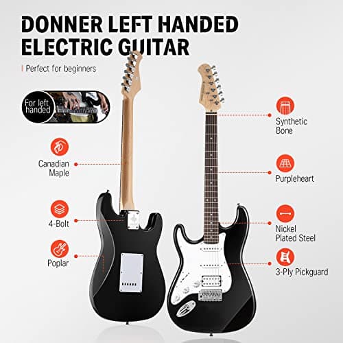 Donner 39 Inch Left-Handed Electric Guitar Kit Solid Body Black Lefty Beginner Set Full-Size with Amplifier Online Lesson Bag Digital Tuner Capo Strap String Cable Picks DST-100BL