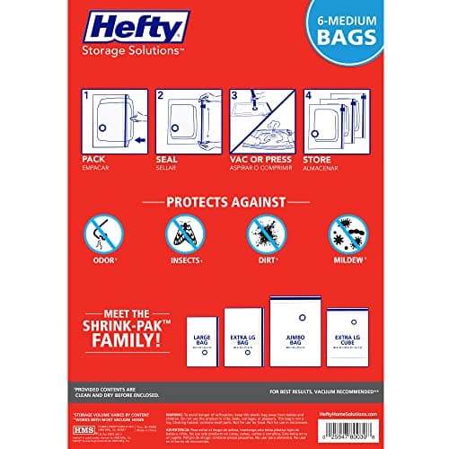 Hefty Shrink-Pak Vacuum Storage Bags - Space Saver for Under Bed Storage, Clothing and Comforters, 3X More Storage Space, 6 Medium Zipper Bags