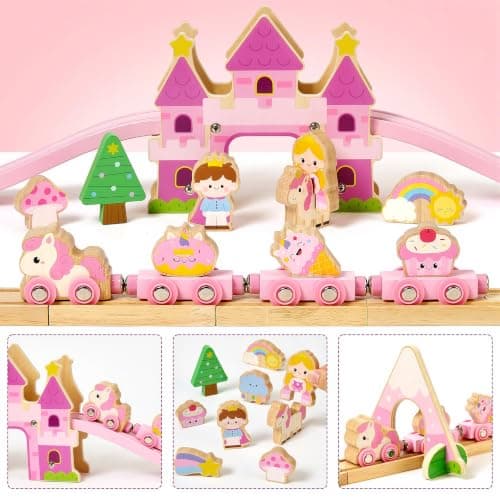 Princess Castle & Magnetic Trains, Compatible with Most Wooden Train Tracks, Birthday Gift for Girls 3 4 5 Year Old Atoylink Wooden Train Set for Toddler Girls, 40Pcs Pink Unicorn Train Toys B0H6HGYDWR