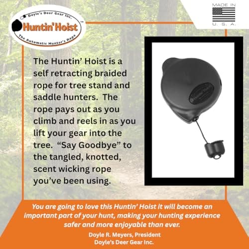 Doyle’s Deer Gear Huntin Hoist | Retractable Bow Hoist for Deer Hunting | Ascending Accessory for Saddle hunting and Elevated Tree Stands and Deer Blinds | 30 Feet of Retracting Braided Rope