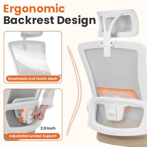 NEO CHAIR Office Desk Chair Gaming Computer High Back Support Mesh Comfy Seat with Adjustable Ergonomic Headrest Lumbar Rolling Flip-up Armrests and Wheels (Beige)