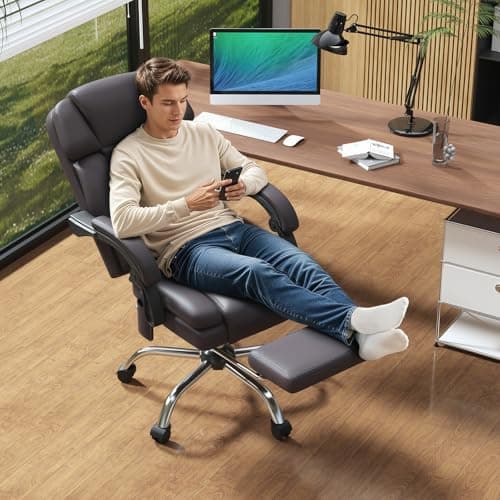 HOMREST 6-Point Massage Office Chair with Heat, Ergonomic Reclining Desk Chair with Footrest, PU Leather Executive Chairs for Home Office, Massaging Computer Chair Gift for Men, Brown