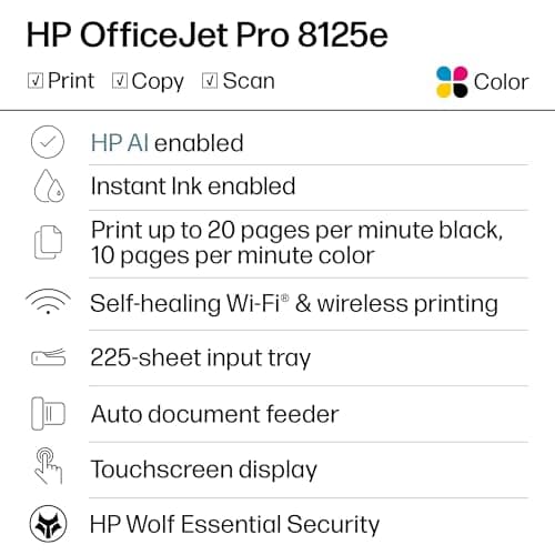 HP OfficeJet Pro 8125e Wireless All-in-One Color Inkjet Printer, Print, scan, Copy, ADF, Duplex Printing Best-for-Home Office, 3 Month Instant Ink Trial Included, AI-Enabled (405T6A)