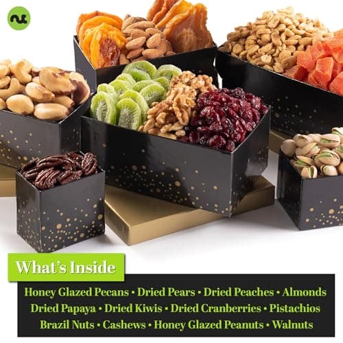 NUT CRAVINGS - Diwali Sweets Hamper Dried Fruit & Mixed Nuts Gift Basket in Black Tower + Ribbon (12 Assortments) Food Arrangement, Healthy Snack Care Package, Food Assortments