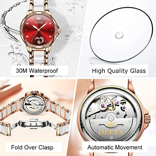 OLEVS Womens Automatic Watch, Premium Large Face Diamond Accented Self Winding Watches for Women, Fashion Waterproof Ladies Dress Watch, Two Tone Stainless Steel Ceramic Bracelet