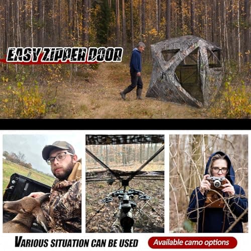 Wide Bottom Hunting Blind 1-3 Person with Portable Chair, 270 Degree See Through Pop up Ground Blinds for Deer Turkey Duck Hunting, Bow Hunting Adjust Windows with Silent Zipper