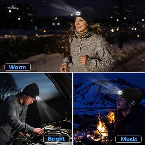 Bluetooth Beanie with Light, USB-C Charging 5 LED Flashlight Hat, Built-in Stereo Speakers Mic, Christmas Stocking Stuffers White Elephant Gifts for Men Dad Teens Boys for Camping Fishing B0DJ17Q4X3